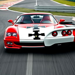 A Ferrari 296 sports car featuring a distinctive livery inspired by Marlboro designs, incorporating the colors of the Maltese flag