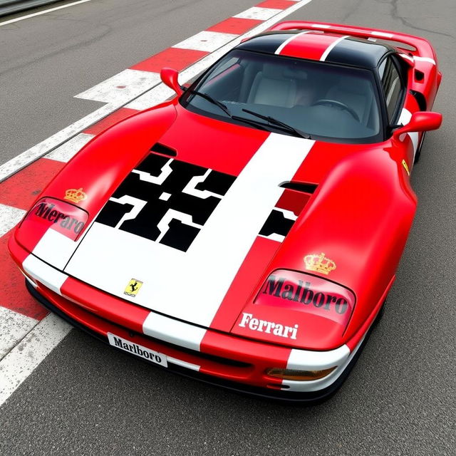 A Ferrari 296 sports car featuring a distinctive livery inspired by Marlboro designs, incorporating the colors of the Maltese flag