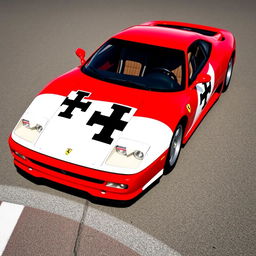 A Ferrari 296 sports car featuring a distinctive livery inspired by Marlboro designs, incorporating the colors of the Maltese flag