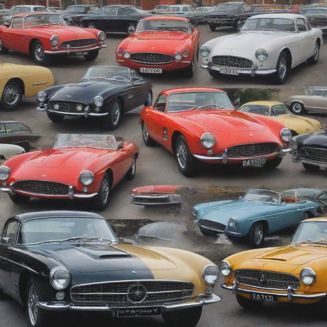 A collage featuring classic, sports and luxury cars, reflected in the admiring eyes of a car enthusiast, embodying the passion of a car lover.