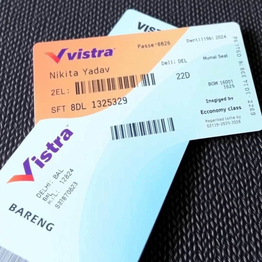 A realistic boarding pass for a Vistara flight, featuring detailed information