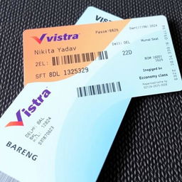 A realistic boarding pass for a Vistara flight, featuring detailed information