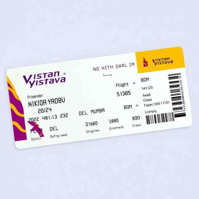 A realistic boarding pass for a Vistara flight, featuring detailed information