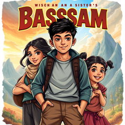 A captivating book cover design featuring a strong and intelligent boy named Bassam, portrayed as a young teen with an adventurous spirit