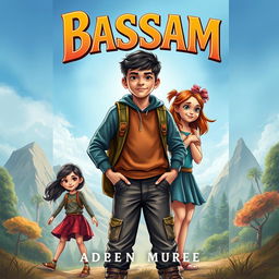 A captivating book cover design featuring a strong and intelligent boy named Bassam, portrayed as a young teen with an adventurous spirit