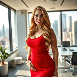 Full body professional quality photo of a sexy, beautiful woman, Caucasian, 30 years old, natural redhead who now has long wavy blonde hair, blue eyes, full lips, curvy hourglass figure, perky round breasts, wearing a chic red dress and red lipstick, confident and happy expression, standing in a brightly lit corner office in Manhattan, showcasing city views through large windows, 8k UHD, highly detailed, vibrant colors, modern office decor