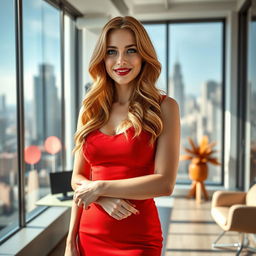 Full body professional quality photo of a sexy, beautiful woman, Caucasian, 30 years old, natural redhead who now has long wavy blonde hair, blue eyes, full lips, curvy hourglass figure, perky round breasts, wearing a chic red dress and red lipstick, confident and happy expression, standing in a brightly lit corner office in Manhattan, showcasing city views through large windows, 8k UHD, highly detailed, vibrant colors, modern office decor