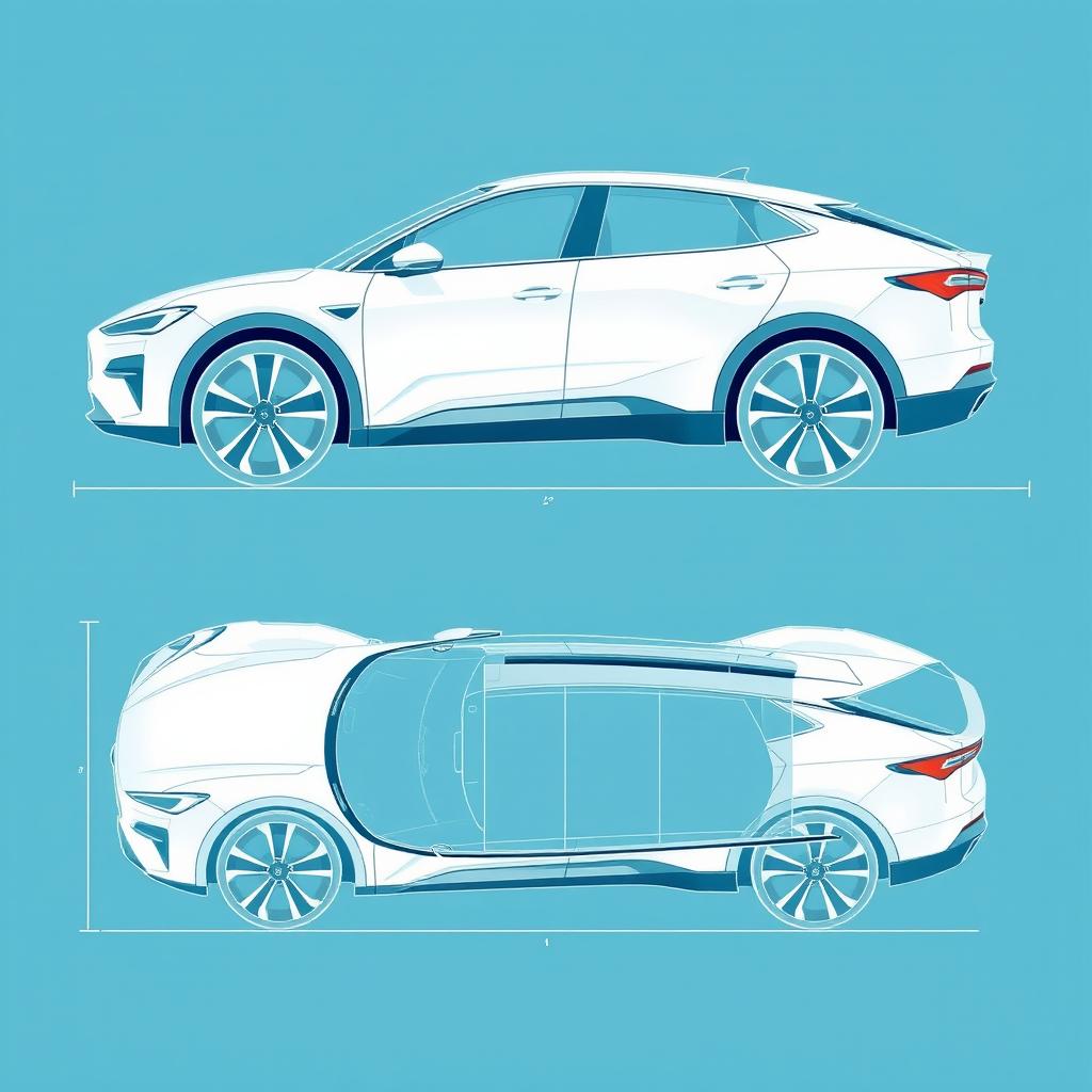 A detailed blueprint illustration of a luxury electric vehicle, showcasing the car from four different angles: side, front, back, and top