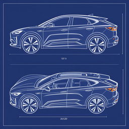 A detailed blueprint illustration of a luxury electric vehicle, showcasing the car from four different angles: side, front, back, and top