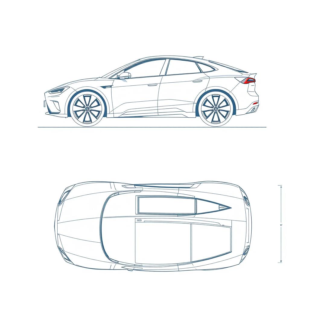 A detailed blueprint illustration of a luxury electric vehicle, showcasing the car from four different angles: side, front, back, and top