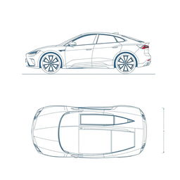 A detailed blueprint illustration of a luxury electric vehicle, showcasing the car from four different angles: side, front, back, and top