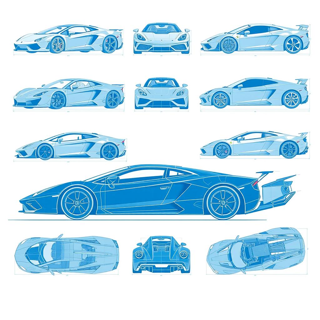 A comprehensive collection of 10 blueprint illustrations of various supercars, each showcasing detailed designs from multiple angles, including side, front, back, and top views