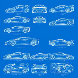 A comprehensive collection of 10 blueprint illustrations of various supercars, each showcasing detailed designs from multiple angles, including side, front, back, and top views