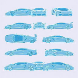 A comprehensive collection of 10 blueprint illustrations of various supercars, each showcasing detailed designs from multiple angles, including side, front, back, and top views