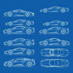 A comprehensive collection of 10 blueprint illustrations of various supercars, each showcasing detailed designs from multiple angles, including side, front, back, and top views