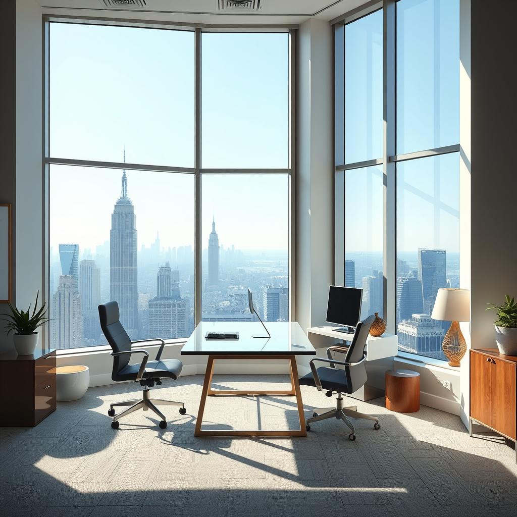 Highly detailed, brightly lit corner office in Manhattan, with large windows showcasing a panoramic view of the city skyline, modern furniture including a sleek desk, comfortable chairs, and decorative accents