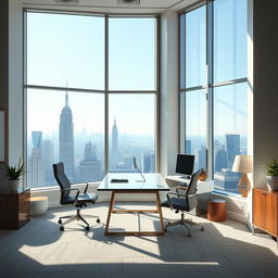 Highly detailed, brightly lit corner office in Manhattan, with large windows showcasing a panoramic view of the city skyline, modern furniture including a sleek desk, comfortable chairs, and decorative accents