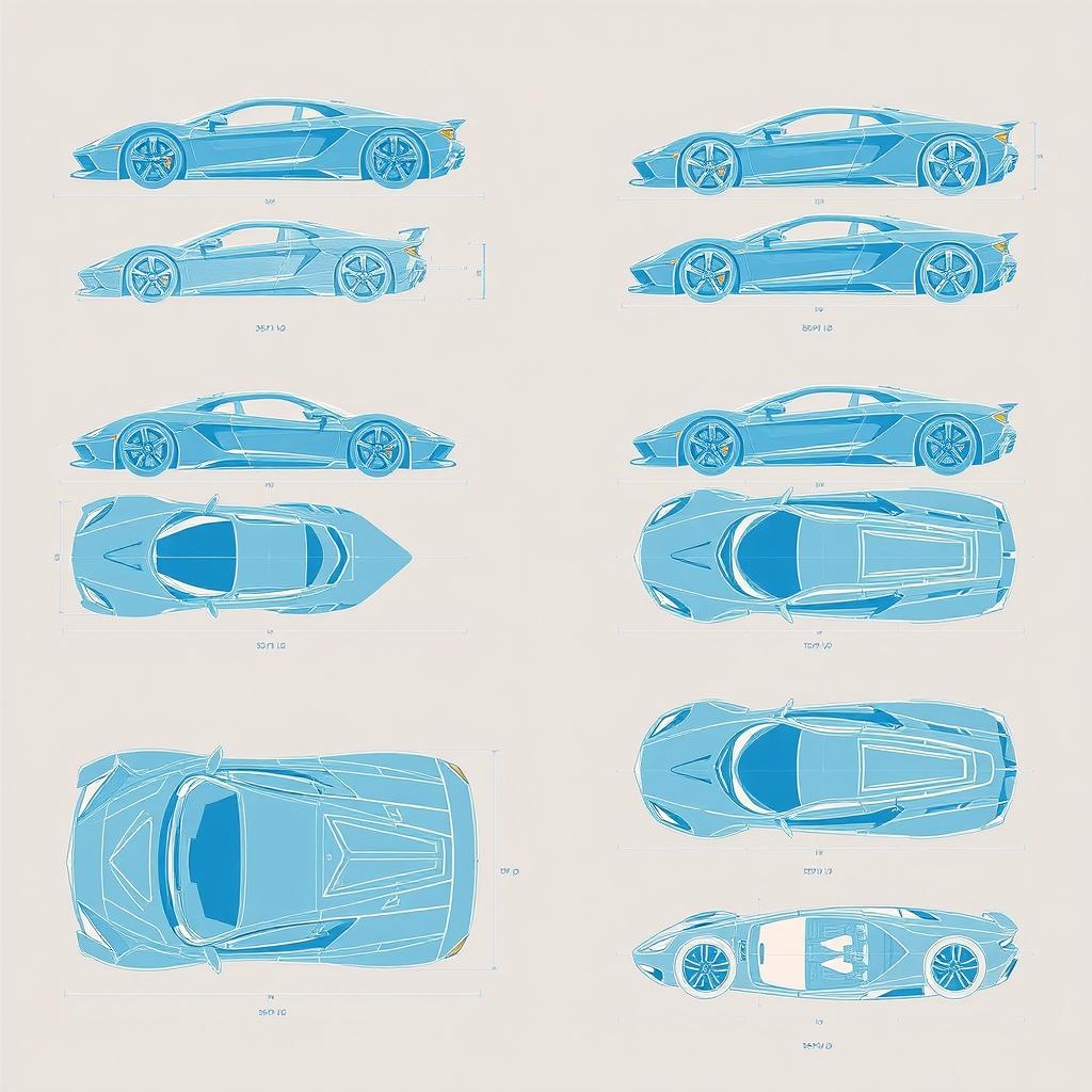 A collection of 10 blueprint illustrations showcasing various supercars from six different angles: side, front, back, right, left, as well as top (up) and underside (down) views