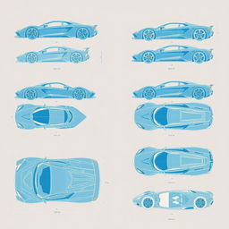 A collection of 10 blueprint illustrations showcasing various supercars from six different angles: side, front, back, right, left, as well as top (up) and underside (down) views