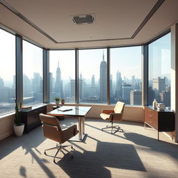 Highly detailed, brightly lit corner office in Manhattan, with large windows showcasing a panoramic view of the city skyline, modern furniture including a sleek desk, comfortable chairs, and decorative accents