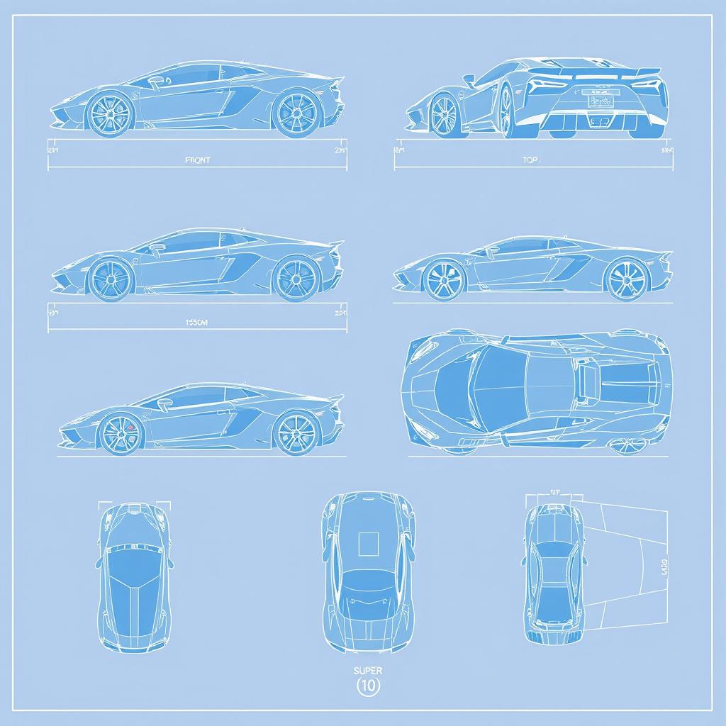 A collection of 10 blueprint illustrations showcasing various supercars from six different angles: side, front, back, right, left, as well as top (up) and underside (down) views