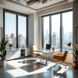 Highly detailed, brightly lit corner office in Manhattan, with large windows showcasing a panoramic view of the city skyline, modern furniture including a sleek desk, comfortable chairs, and decorative accents