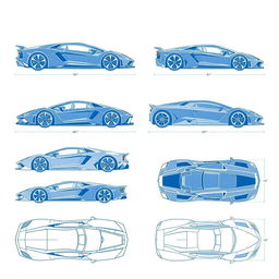 A collection of 10 blueprint illustrations showcasing various supercars from six different angles: side, front, back, right, left, as well as top (up) and underside (down) views