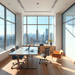 Highly detailed, brightly lit corner office in Manhattan, with large windows showcasing a panoramic view of the city skyline, modern furniture including a sleek desk, comfortable chairs, and decorative accents