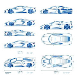 A collection of 10 blueprint illustrations showcasing various supercars from six different angles: side, front, back, right, left, as well as top (up) and underside (down) views