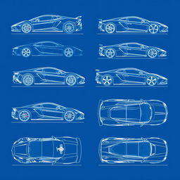 A collection of 10 detailed blueprint illustrations of various supercars, each shown from six different angles: side, front, back, right side, left side, as well as top (up) and underside (down) views