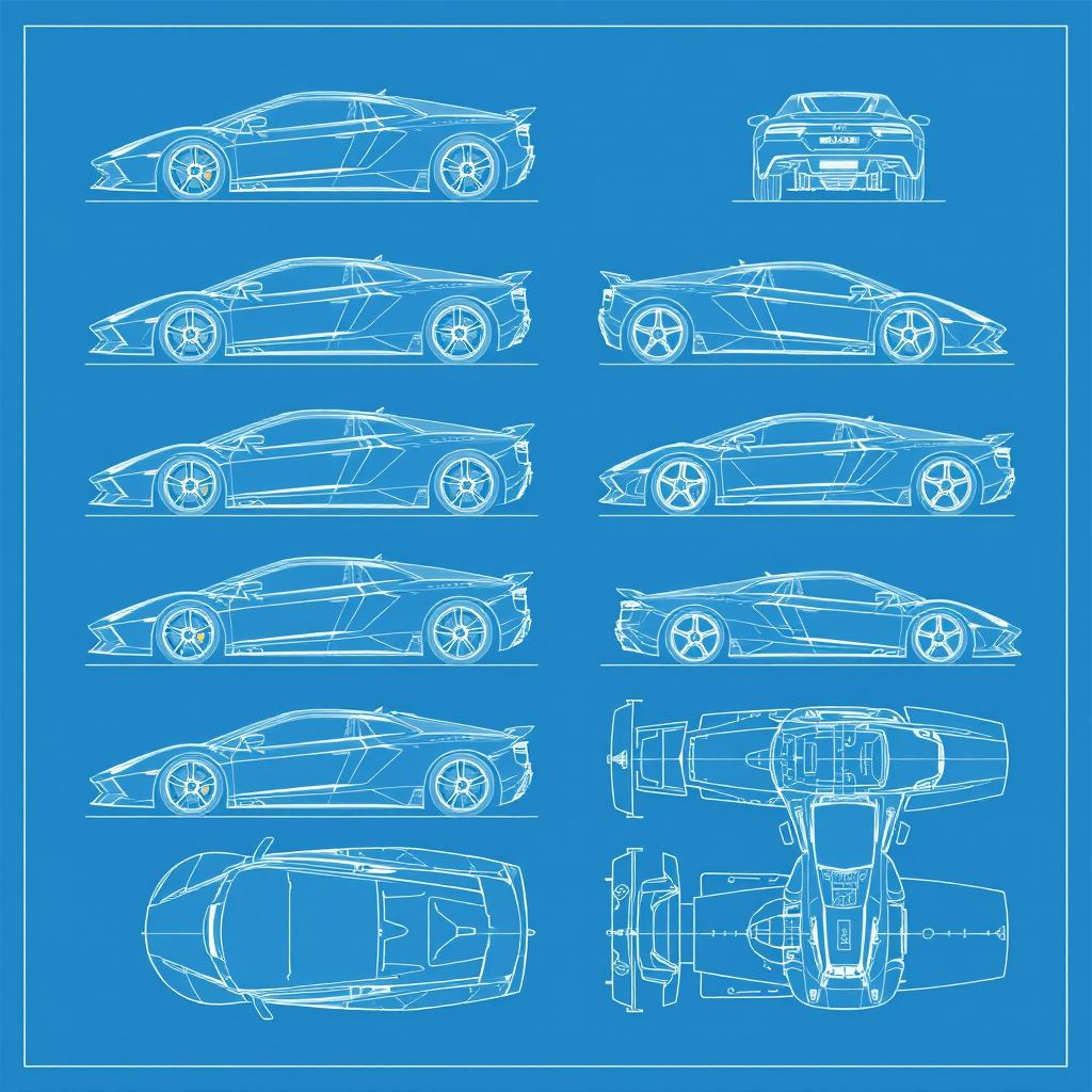 A collection of 10 detailed blueprint illustrations of various supercars, each shown from six different angles: side, front, back, right side, left side, as well as top (up) and underside (down) views