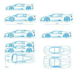 A collection of 10 detailed blueprint illustrations of various supercars, each shown from six different angles: side, front, back, right side, left side, as well as top (up) and underside (down) views