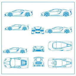 A collection of 10 detailed blueprint illustrations of various supercars, each shown from six different angles: side, front, back, right side, left side, as well as top (up) and underside (down) views