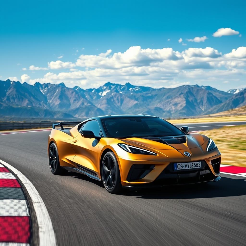 An imaginative fusion of the Corvette C8 and the Renault Rafale, transformed into a stylish 4-door CUV, showcases a striking matte gold exterior as it drives confidently on a race track