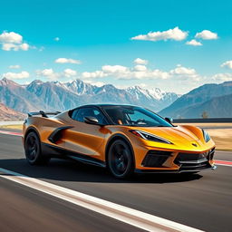 An imaginative fusion of the Corvette C8 and the Renault Rafale, transformed into a stylish 4-door CUV, showcases a striking matte gold exterior as it drives confidently on a race track