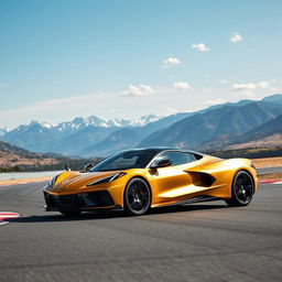 An imaginative fusion of the Corvette C8 and the Renault Rafale, transformed into a stylish 4-door CUV, showcases a striking matte gold exterior as it drives confidently on a race track