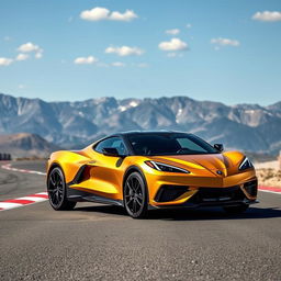 An imaginative fusion of the Corvette C8 and the Renault Rafale, transformed into a stylish 4-door CUV, showcases a striking matte gold exterior as it drives confidently on a race track