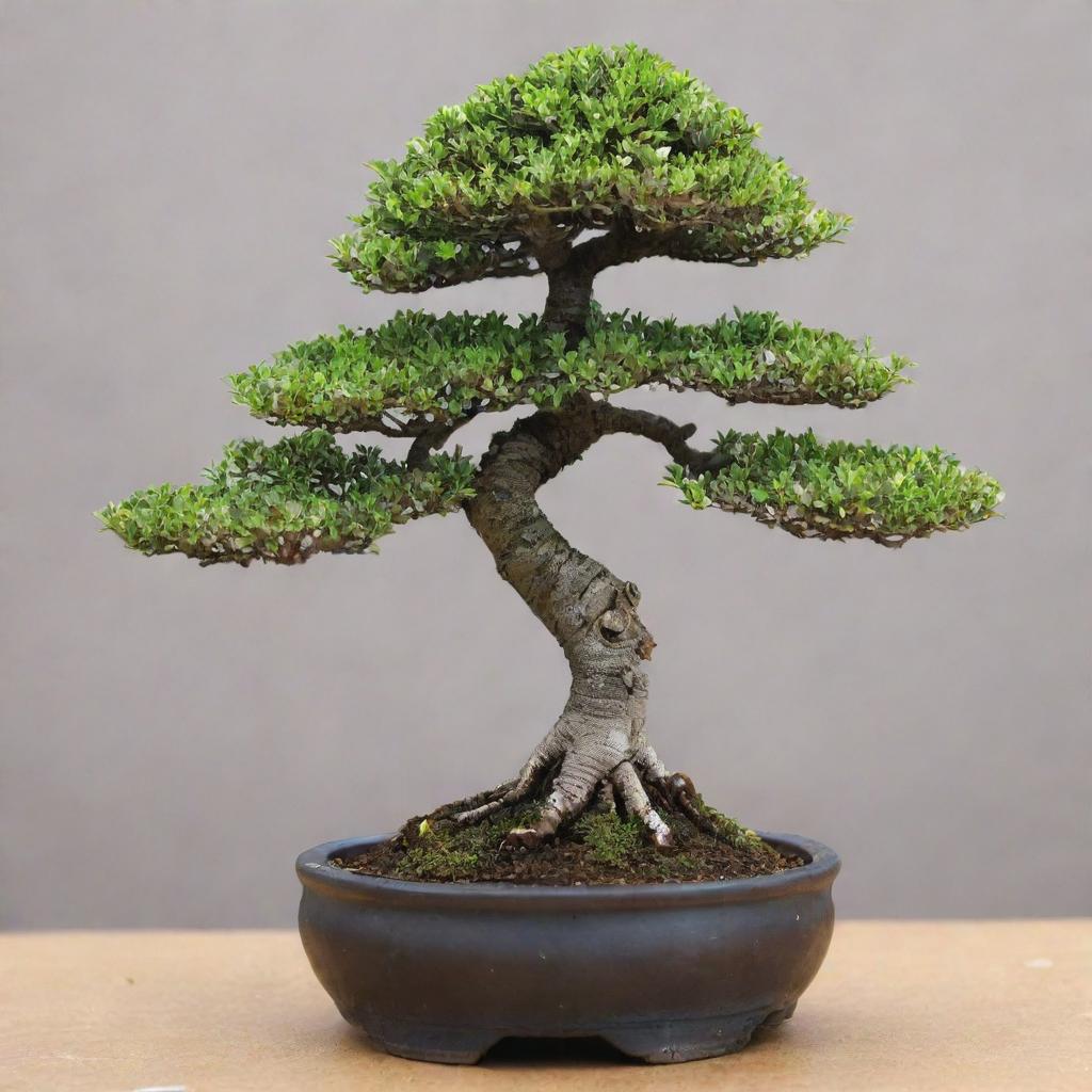 An image of the world's shortest bonsai tree. Its diminutive height doesn't detract from its intricate beauty, with miniature branches and tiny leaves meticulously maintained, a miniature marvel of nature's art.