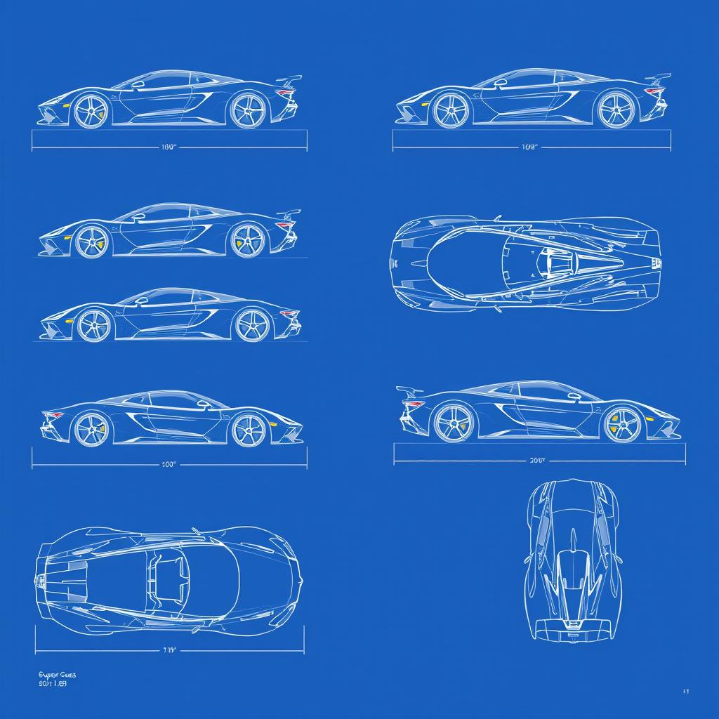 A stunning collection of 15 blueprint illustrations of supercars, each depicted in six different angles: side view, front view, back view, right side view, left side view, and top (up) view