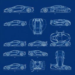 A stunning collection of 15 blueprint illustrations of supercars, each depicted in six different angles: side view, front view, back view, right side view, left side view, and top (up) view