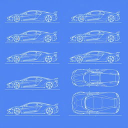 A stunning collection of 15 blueprint illustrations of supercars, each depicted in six different angles: side view, front view, back view, right side view, left side view, and top (up) view