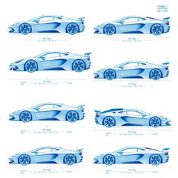 A stunning collection of 15 blueprint illustrations of supercars, each depicted in six different angles: side view, front view, back view, right side view, left side view, and top (up) view