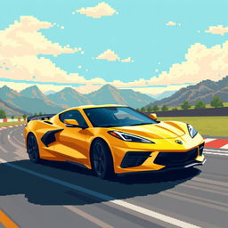 A vibrant pixel art representation of a Corvette C8 depicted in a striking matte gold color, driving energetically on a race track