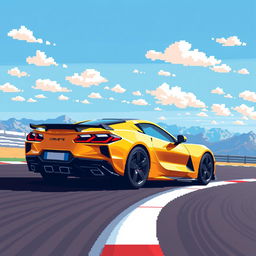 A vibrant pixel art representation of a Corvette C8 depicted in a striking matte gold color, driving energetically on a race track