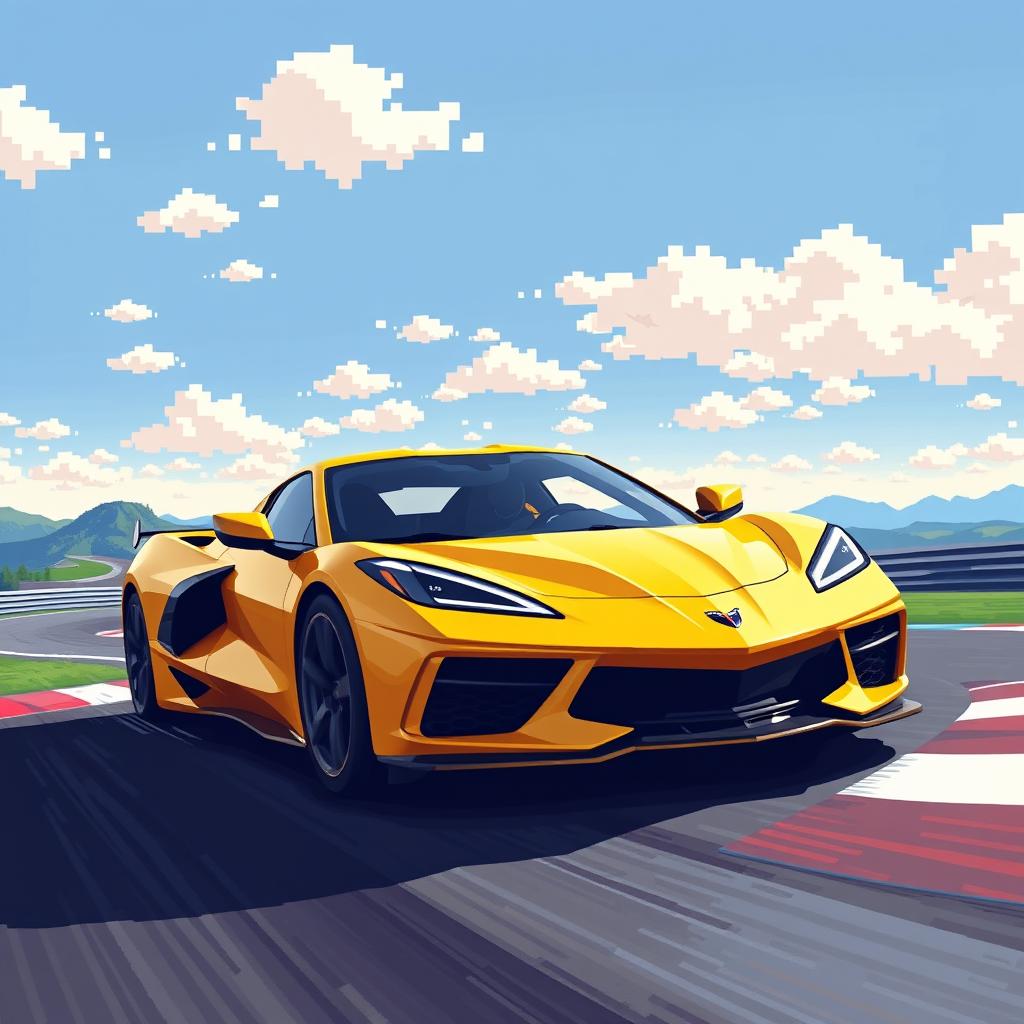 A vibrant pixel art representation of a Corvette C8 depicted in a striking matte gold color, driving energetically on a race track