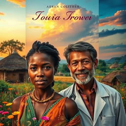 A captivating book cover design depicting a moving story set in a lush African village, featuring a strong, resilient African woman in her thirties, with expressive facial features and a determined gaze