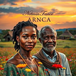 A captivating book cover design depicting a moving story set in a lush African village, featuring a strong, resilient African woman in her thirties, with expressive facial features and a determined gaze