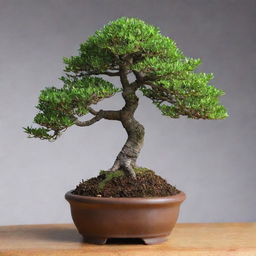 An image of the world's shortest bonsai tree. Its diminutive height doesn't detract from its intricate beauty, with miniature branches and tiny leaves meticulously maintained, a miniature marvel of nature's art.