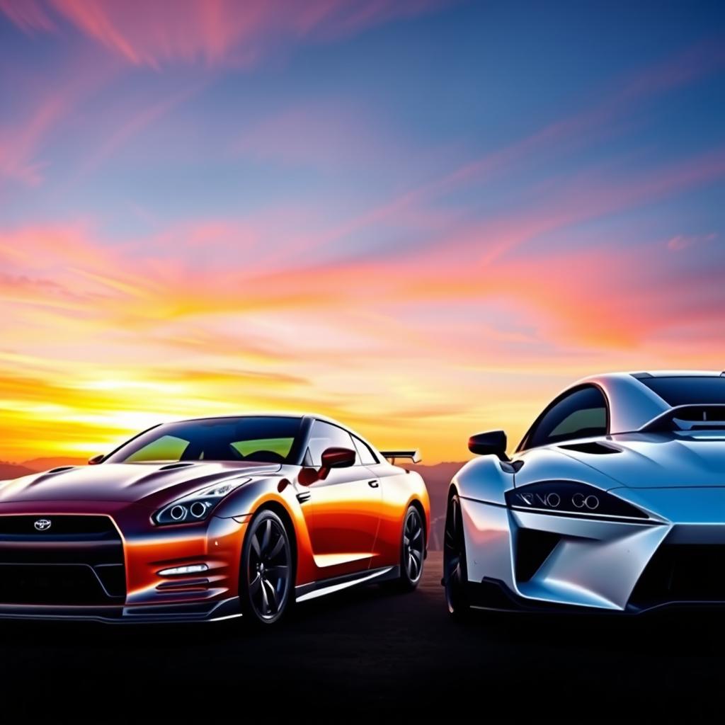 A breathtaking wallpaper scene featuring a Nissan GTR R35 and a Toyota Supra parked side by side on a scenic overlook