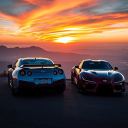 A breathtaking wallpaper scene featuring a Nissan GTR R35 and a Toyota Supra parked side by side on a scenic overlook